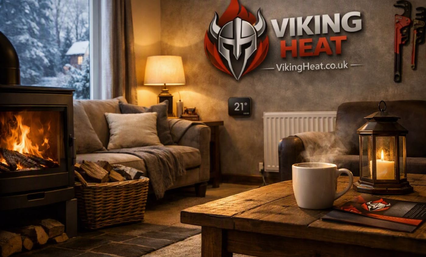A cosy living room with a log fire, a warm radiator and the thermostat at 21 degrees