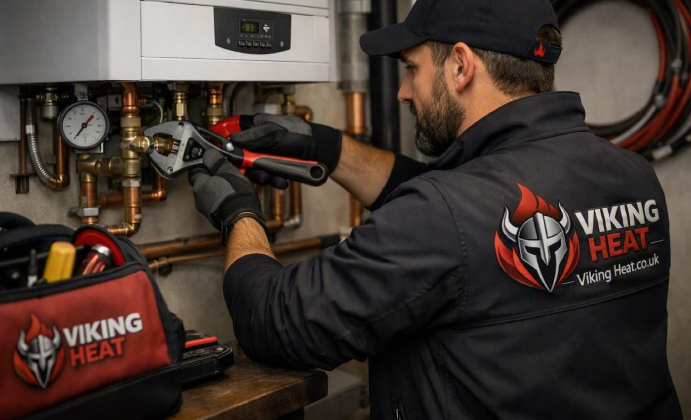 Viking Heat engineer fitting pipework under a boiler