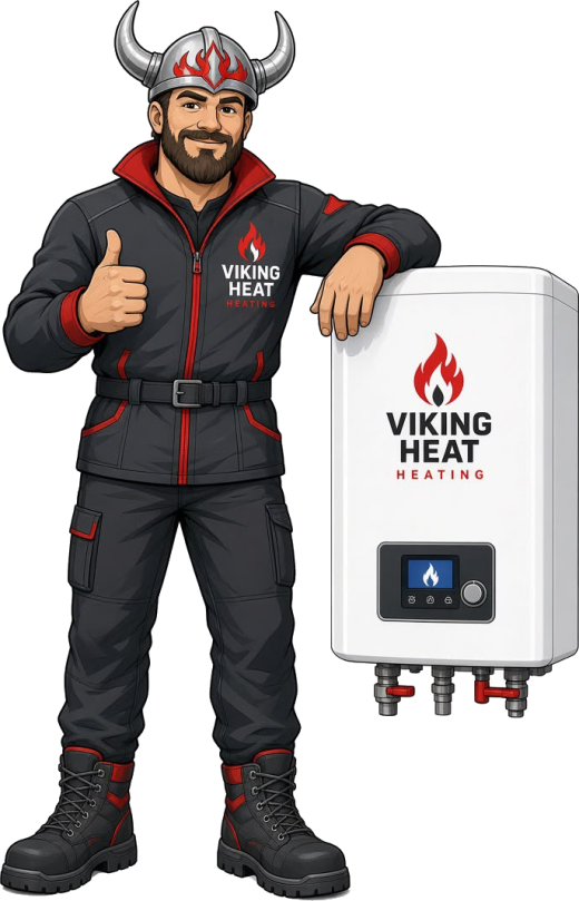 The Viking Heat mascot giving a thumbs up next to a new boiler