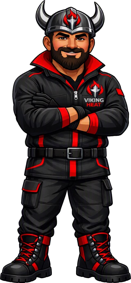 The Viking Heat mascot, arms crossed, in red and black workwear